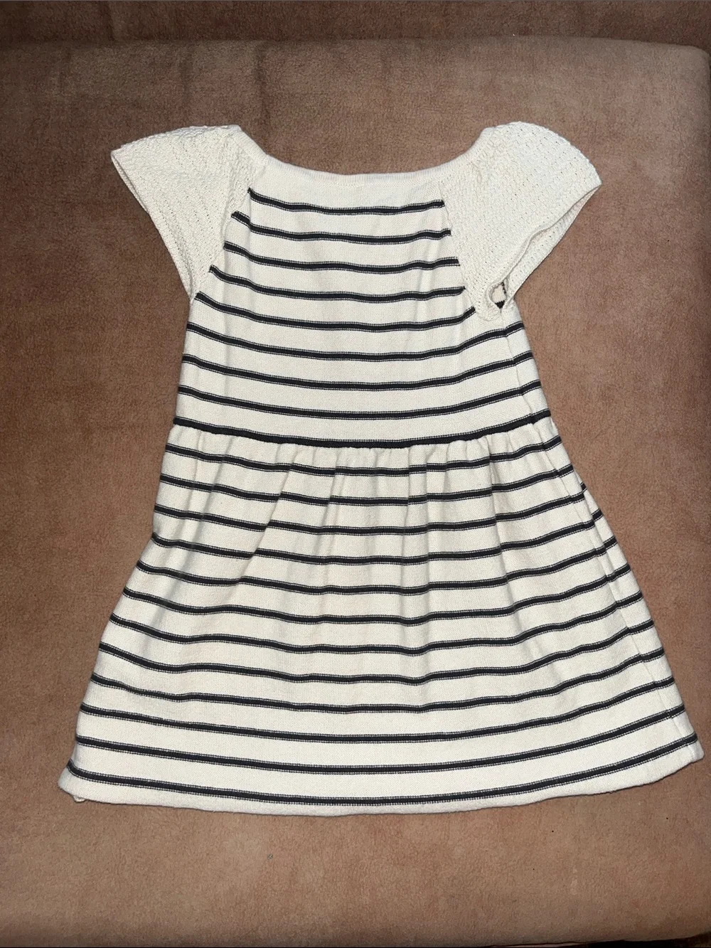 OshKosh B'gosh Cream and Dark Navy Striped Knit Dress with Cap Sleeves
